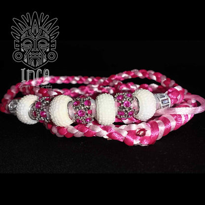Guinzaglio da Show INCA LUXURY - In Raso Bianco e Magenta, con perle e asola per collare - 130 cm