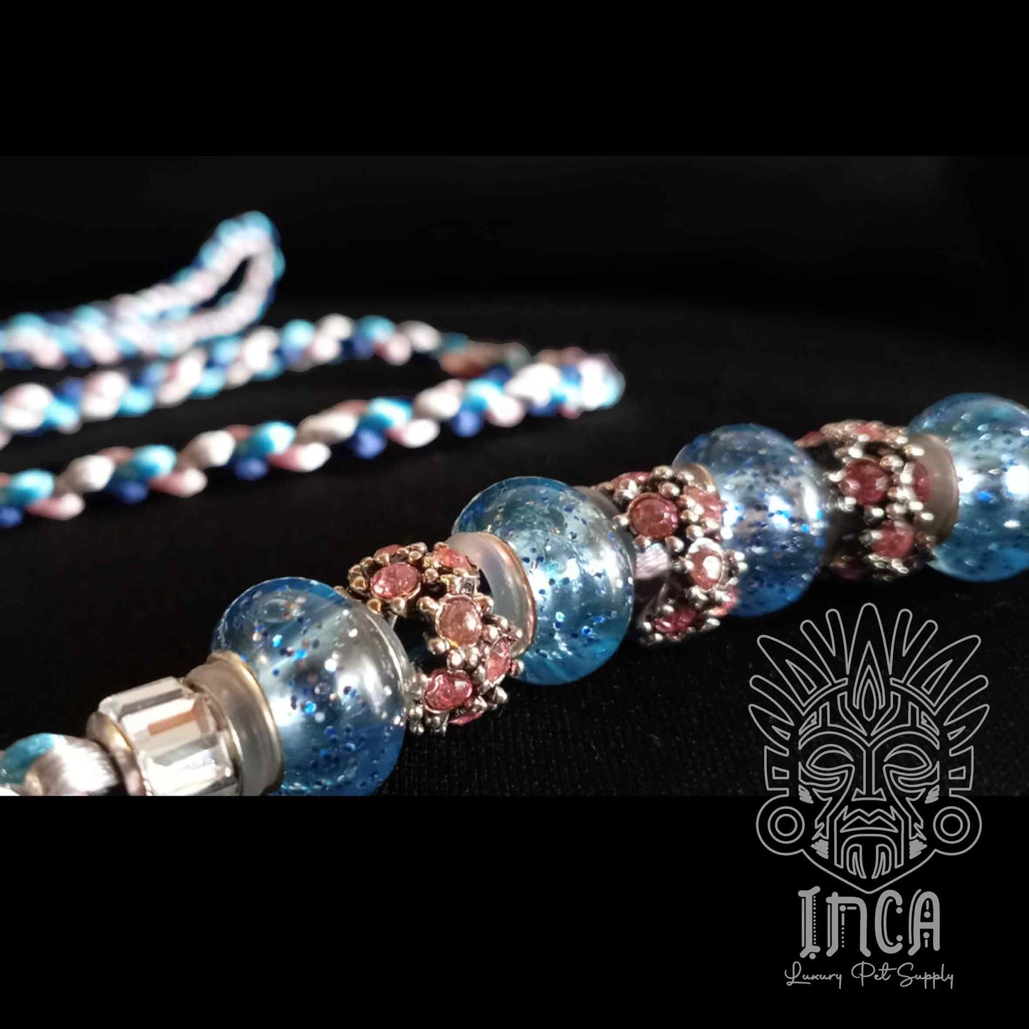 Guinzaglio da Show INCA LUXURY - In Raso Argento, Navy, Rosa e Azzurro - con perle e asola per collare - 1 mt
