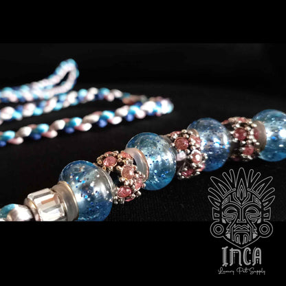 Guinzaglio da Show INCA LUXURY - In Raso Argento, Navy, Rosa e Azzurro - con perle e asola per collare - 1 mt