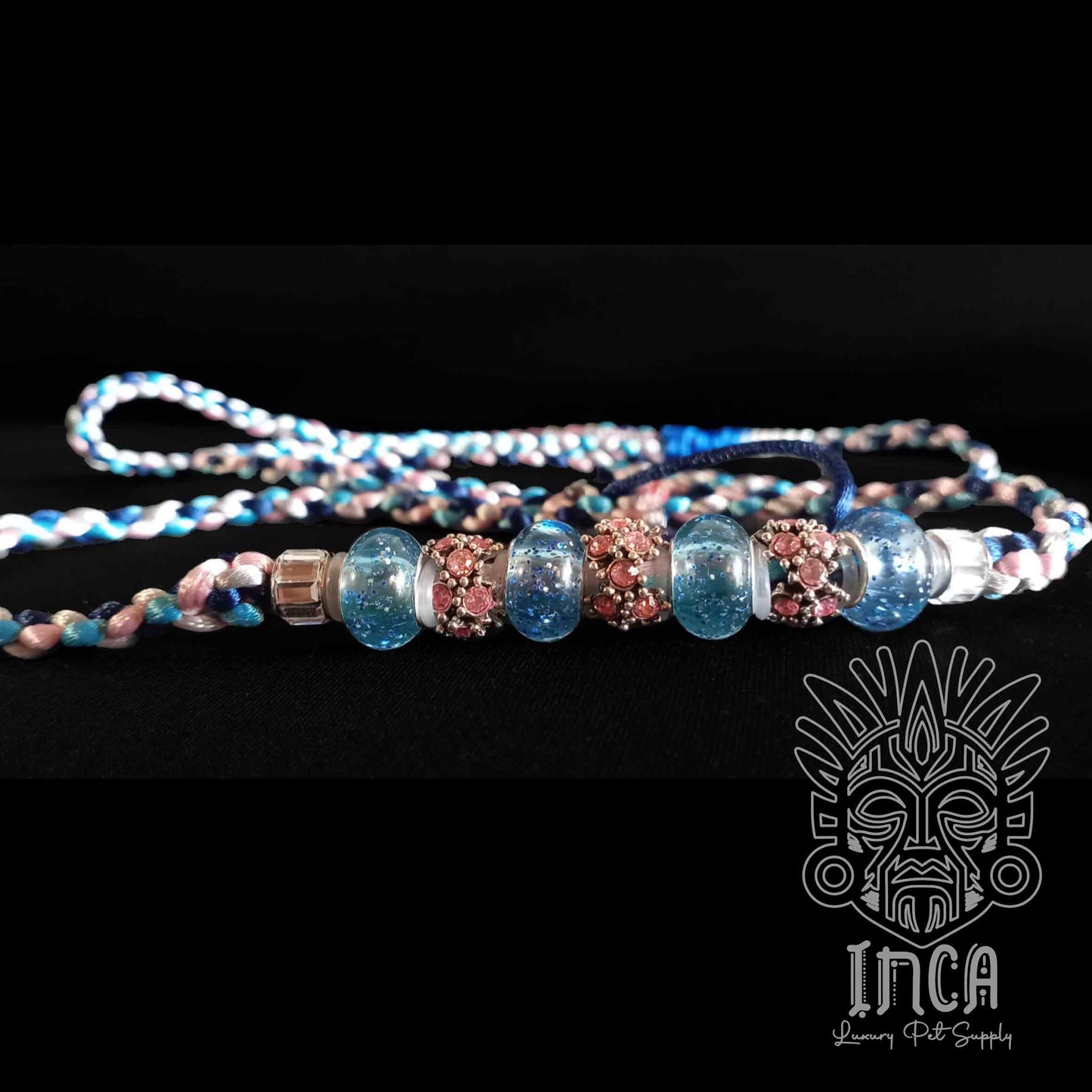 Guinzaglio da Show INCA LUXURY - In Raso Argento, Navy, Rosa e Azzurro - con perle e asola per collare - 1 mt