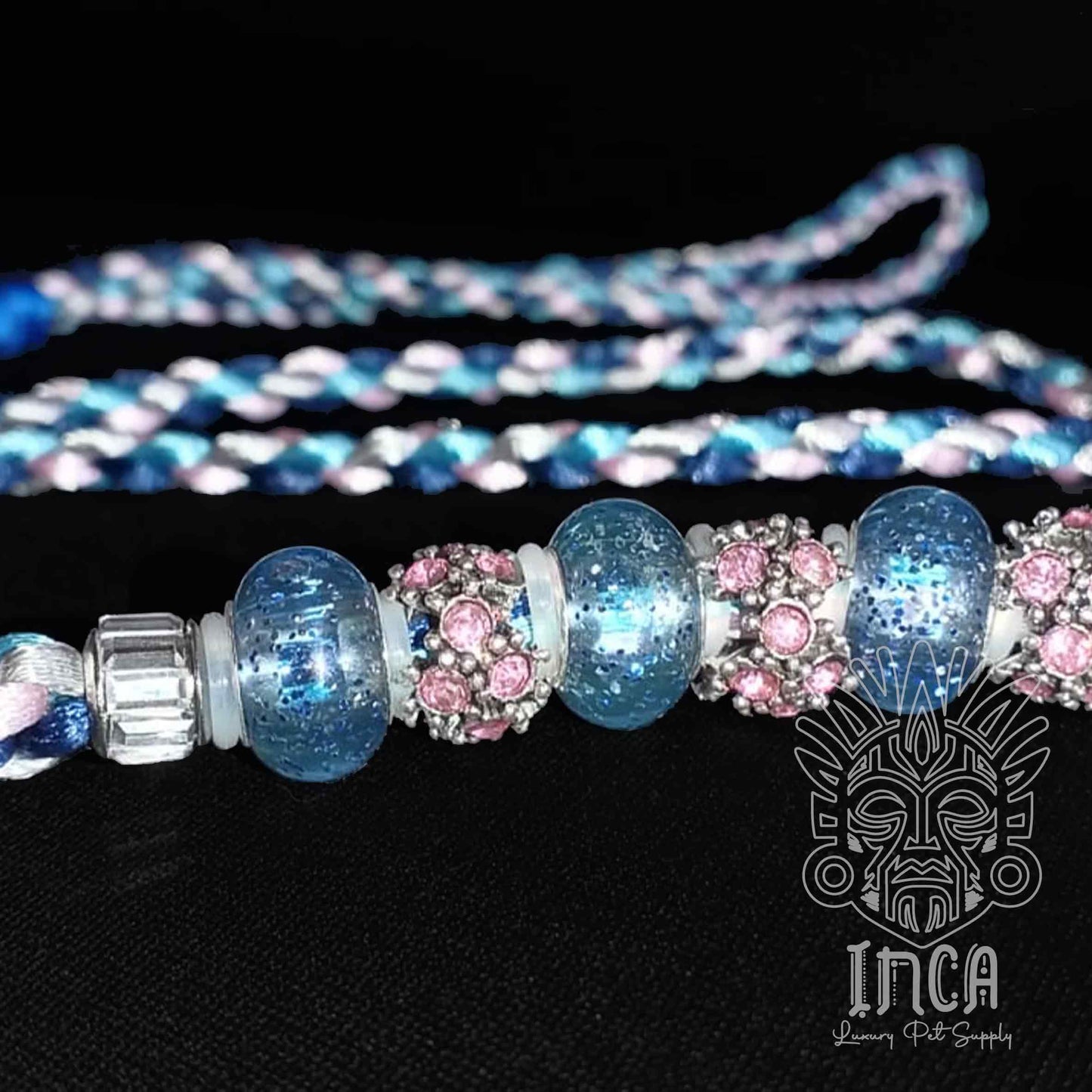 Guinzaglio da Show INCA LUXURY - In Raso Argento, Navy, Rosa e Azzurro - con perle e asola per collare - 1 mt