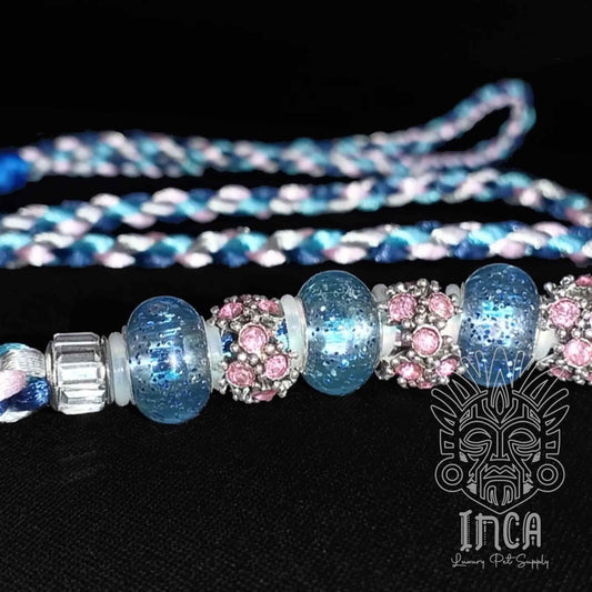 Guinzaglio da Show INCA LUXURY - In Raso Argento, Navy, Rosa e Azzurro - con perle e asola per collare - 1 mt