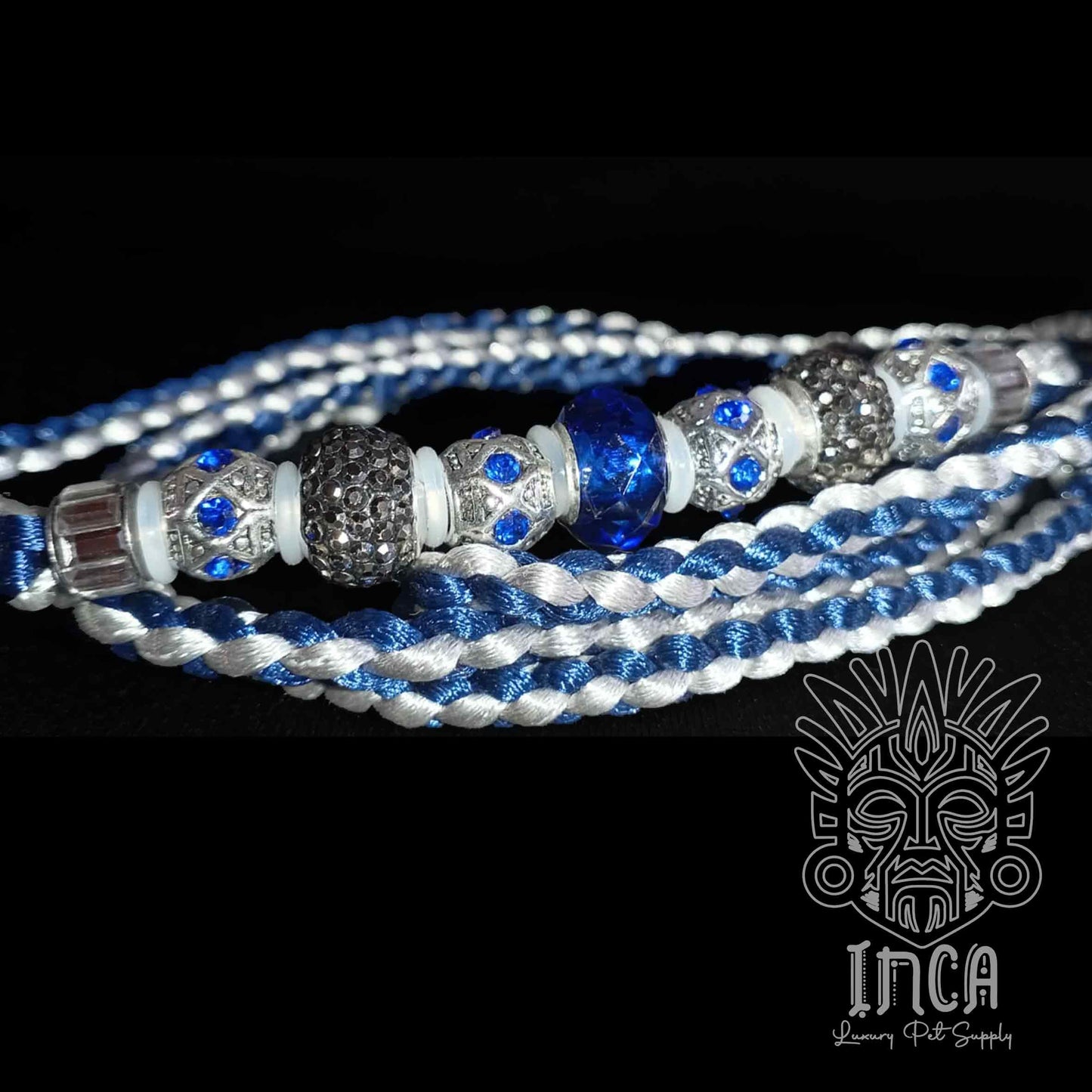 Guinzaglio da Show INCA LUXURY - In Raso Argento e Blue Navy, con perle e asola per collare - 105 cm