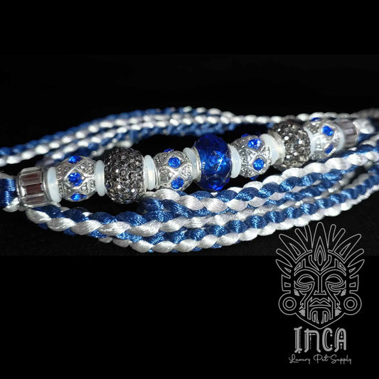 Guinzaglio da Show INCA LUXURY - In Raso Argento e Blue Navy, con perle e asola per collare - 105 cm