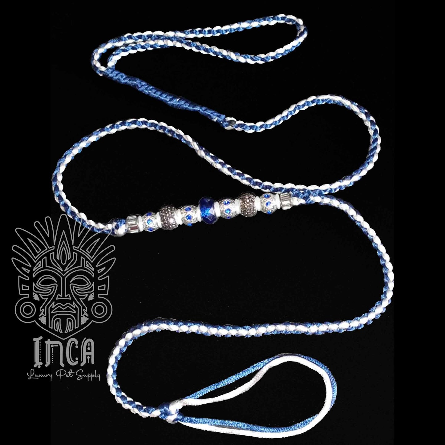Guinzaglio da Show INCA LUXURY - In Raso Argento e Blue Navy, con perle e asola per collare - 105 cm