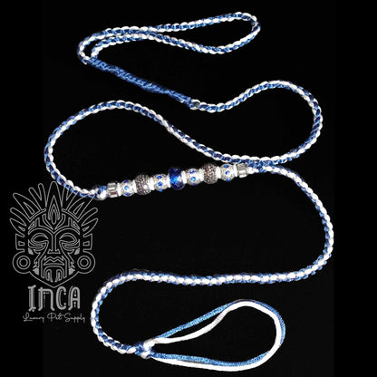 Guinzaglio da Show INCA LUXURY - In Raso Argento e Blue Navy, con perle e asola per collare - 105 cm