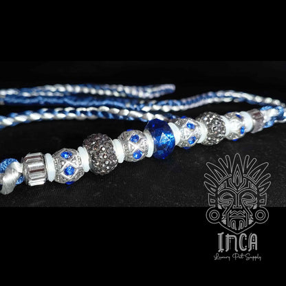 Guinzaglio da Show INCA LUXURY - In Raso Argento e Blue Navy, con perle e asola per collare - 105 cm