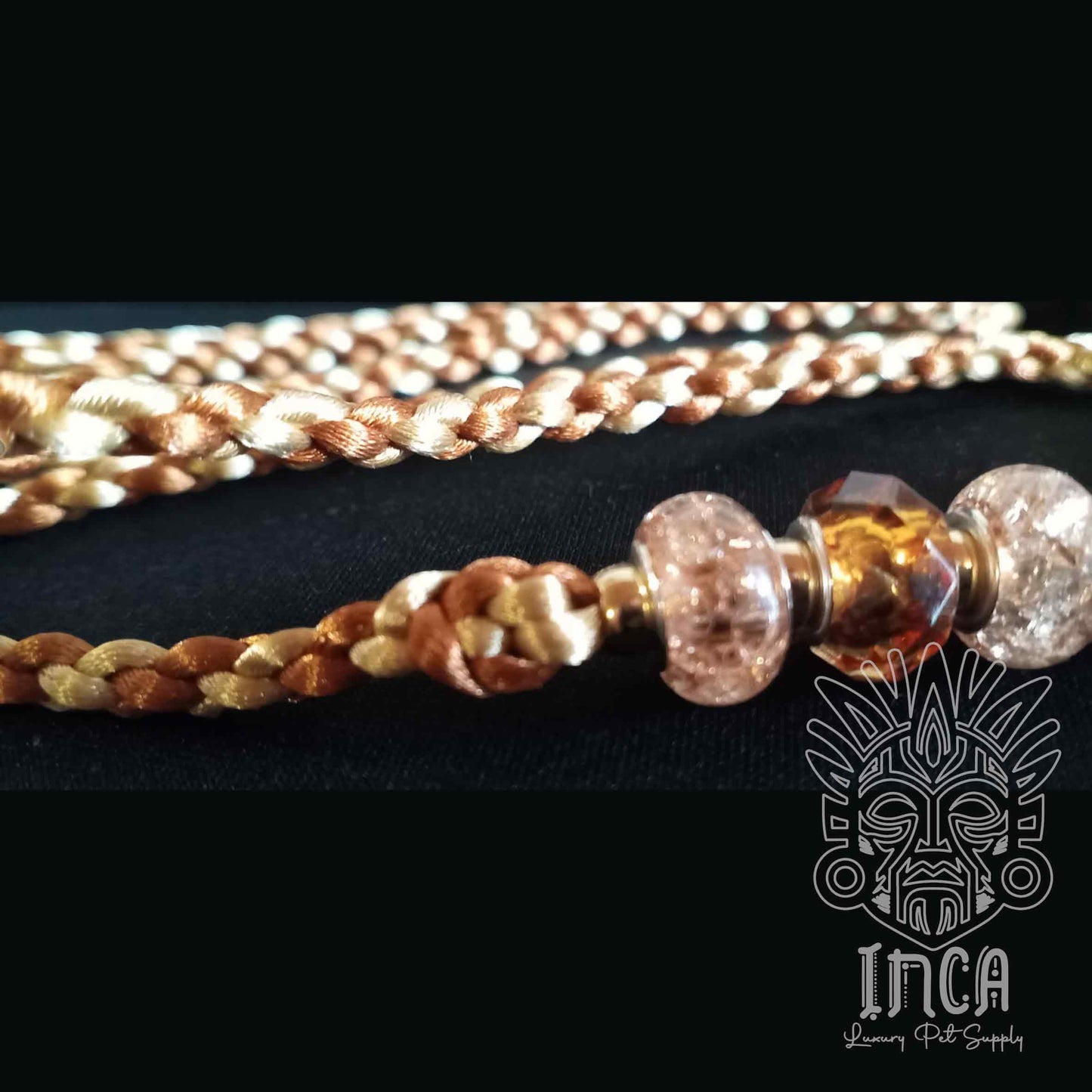 Guinzaglio da Show INCA LUXURY - In Raso Bronzo e Oro, con perle e asola per collare - 135 cm