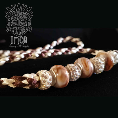 Guinzaglio da Show INCA LUXURY - In Raso Marrone Mocha e Bianco Panna, con perle e asola per collare - 125 cm