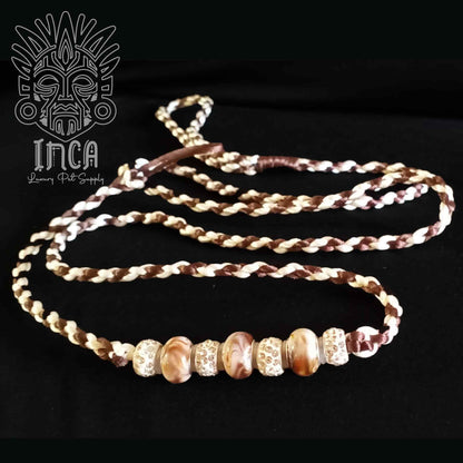 Guinzaglio da Show INCA LUXURY - In Raso Marrone Mocha e Bianco Panna, con perle e asola per collare - 125 cm