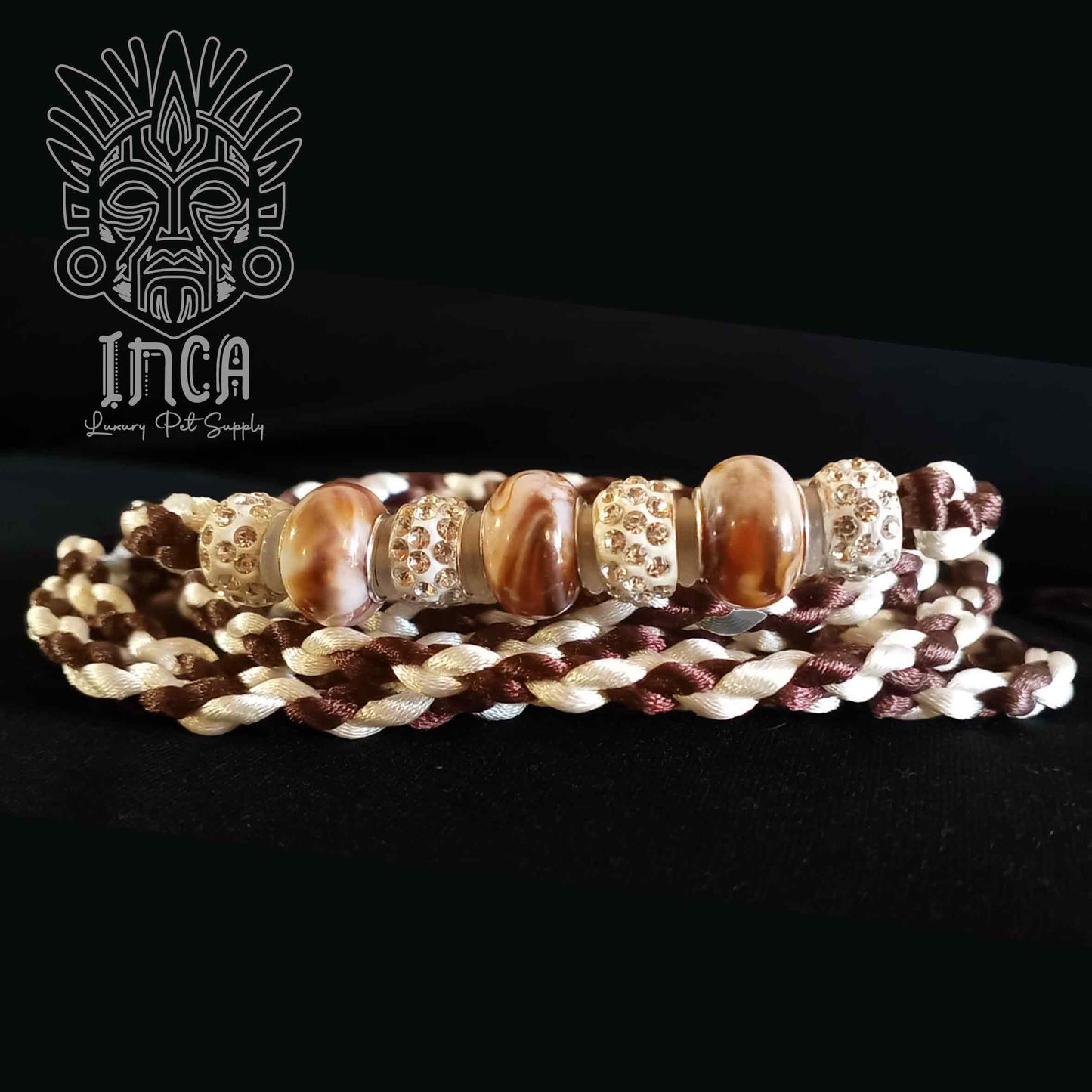Guinzaglio da Show INCA LUXURY - In Raso Marrone Mocha e Bianco Panna, con perle e asola per collare - 125 cm