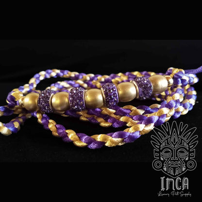 Guinzaglio da Show INCA LUXURY - In Raso Viola e Oro, con perle e asola per collare - 125 cm