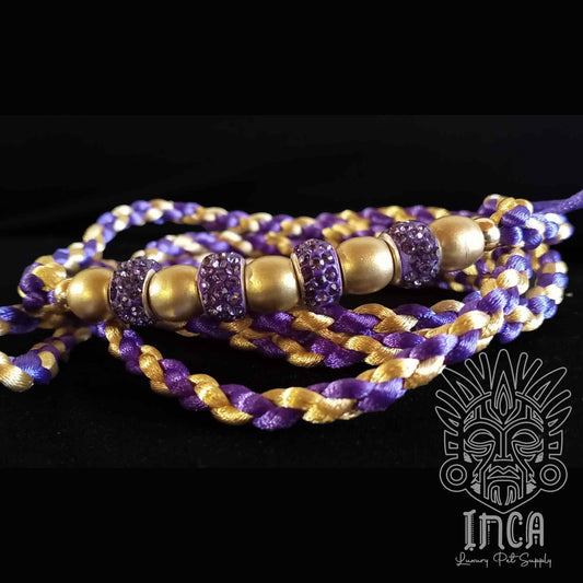Guinzaglio da Show INCA LUXURY - In Raso Viola e Oro, con perle e asola per collare - 125 cm