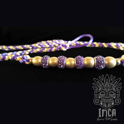 Guinzaglio da Show INCA LUXURY - In Raso Viola e Oro, con perle e asola per collare - 125 cm