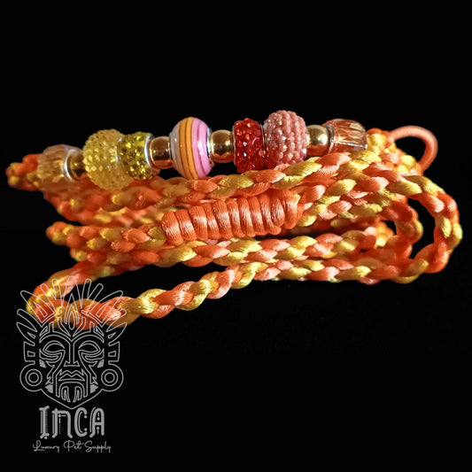 Guinzaglio da Show INCA LUXURY - In Raso Giallo e Arancio Fluo, con perle e asola per collare - 135 cm
