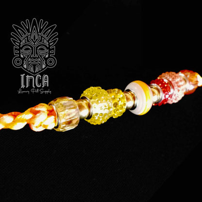 Guinzaglio da Show INCA LUXURY - In Raso Giallo e Arancio Fluo, con perle e asola per collare - 135 cm
