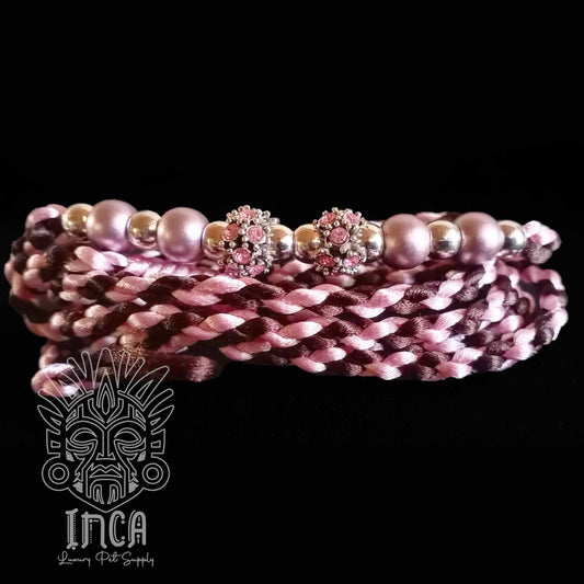 Guinzaglio da Show INCA LUXURY - In Raso Marrone Mocha e Baby Pink, con perle e asola per collare - 130 cm