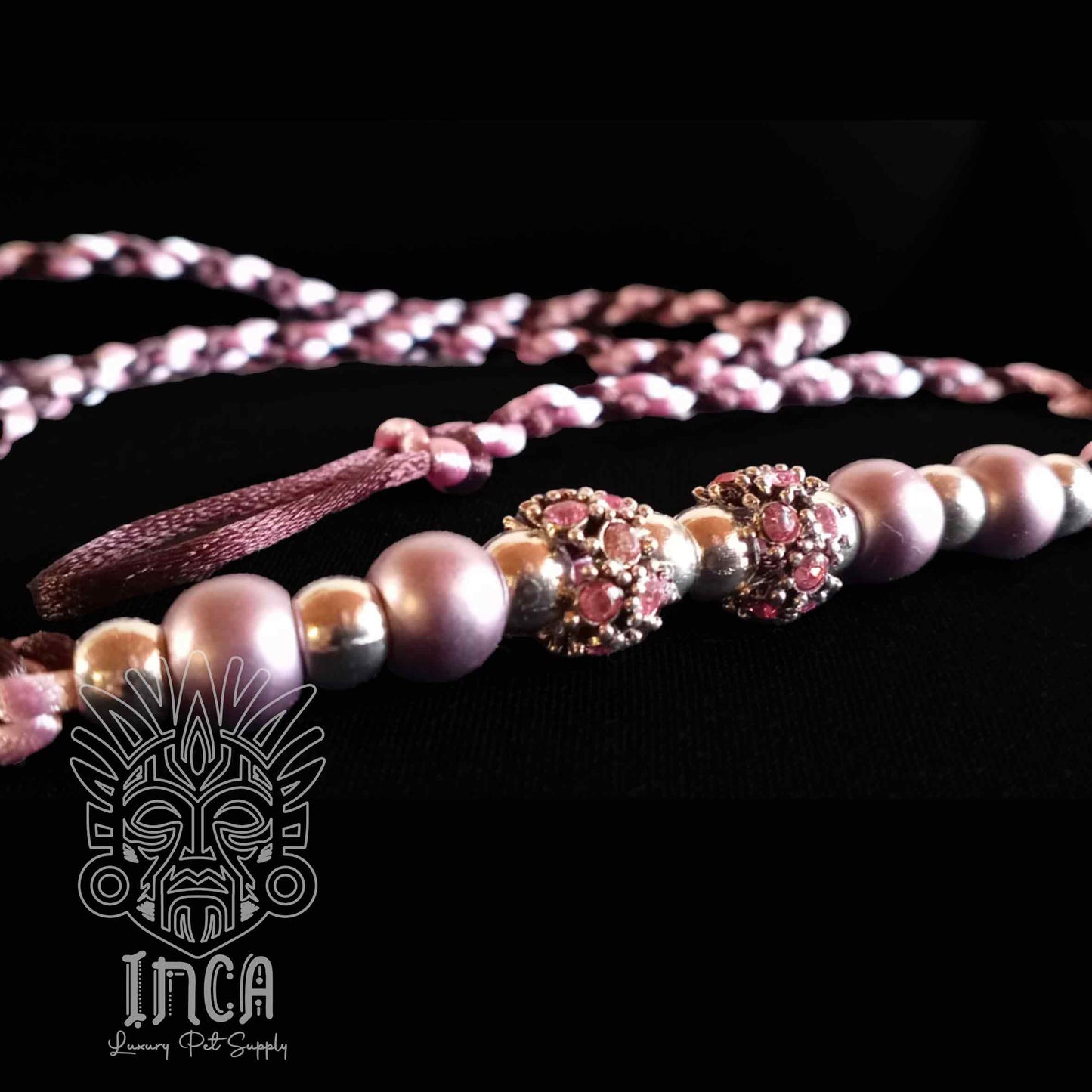 Guinzaglio da Show INCA LUXURY - In Raso Marrone Mocha e Baby Pink, con perle e asola per collare - 130 cm
