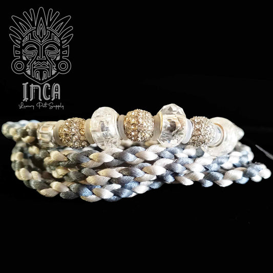 Guinzaglio da Show INCA LUXURY - In Raso Azzurro Acciaio e Argento, con perle e asola per collare - 1 mt