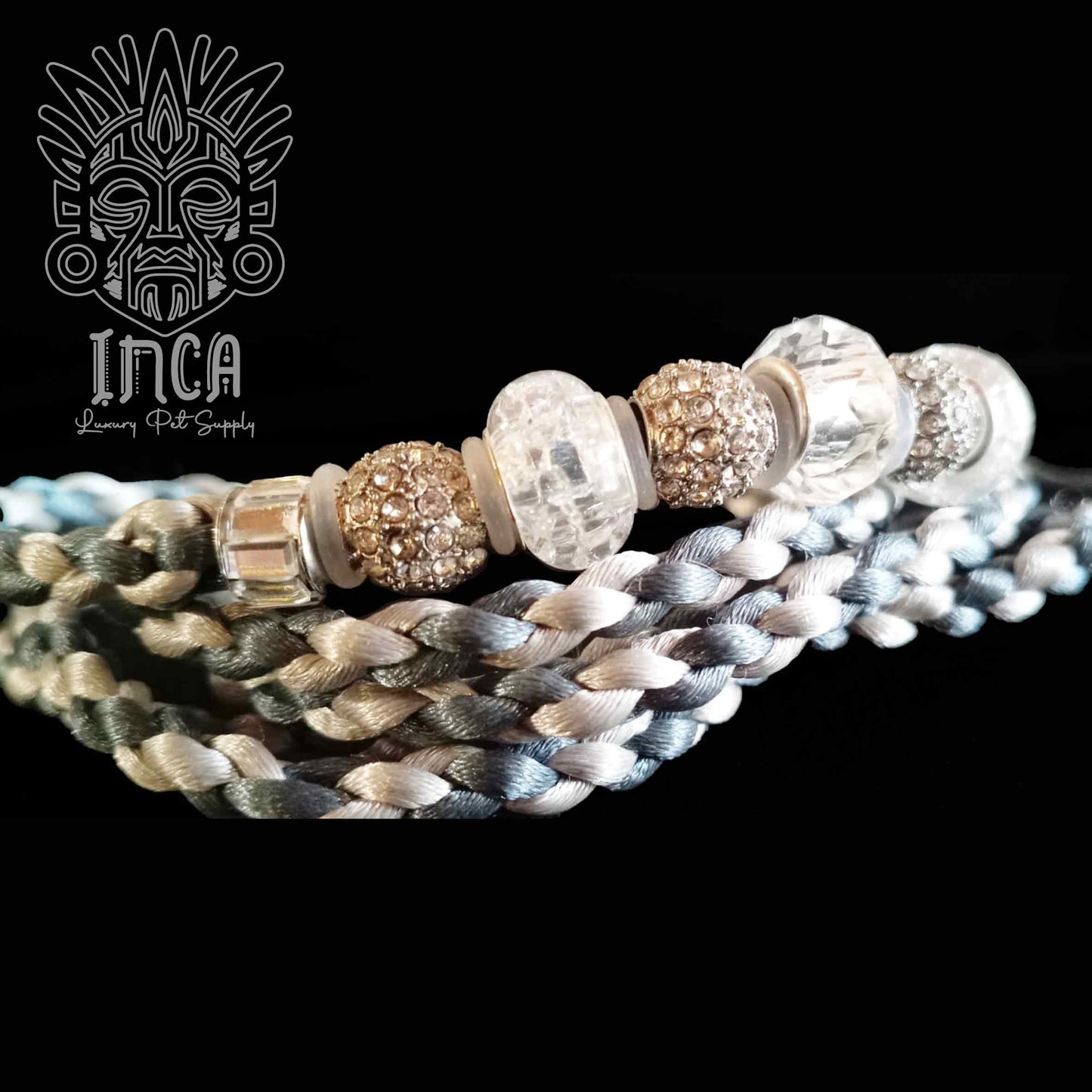 Guinzaglio da Show INCA LUXURY - In Raso Azzurro Acciaio e Argento, con perle e asola per collare - 1 mt