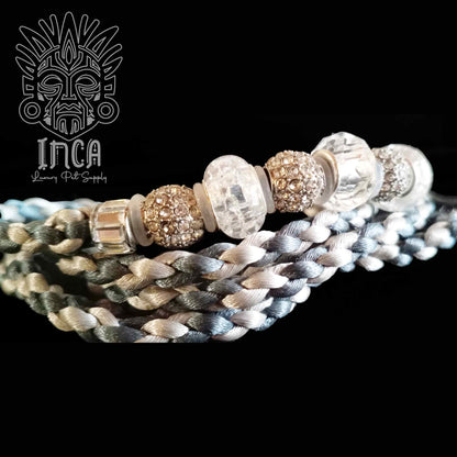 Guinzaglio da Show INCA LUXURY - In Raso Azzurro Acciaio e Argento, con perle e asola per collare - 1 mt