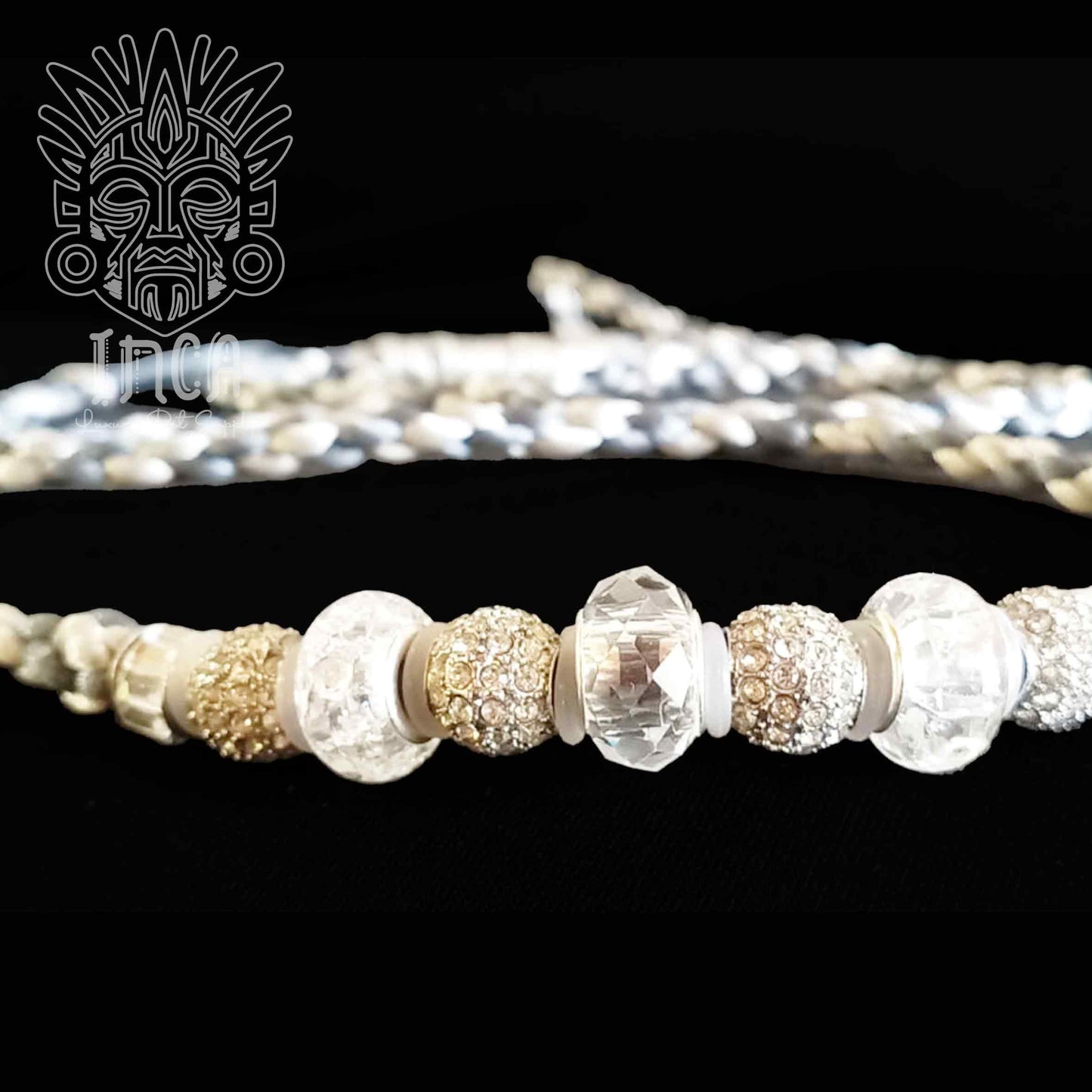Guinzaglio da Show INCA LUXURY - In Raso Azzurro Acciaio e Argento, con perle e asola per collare - 1 mt