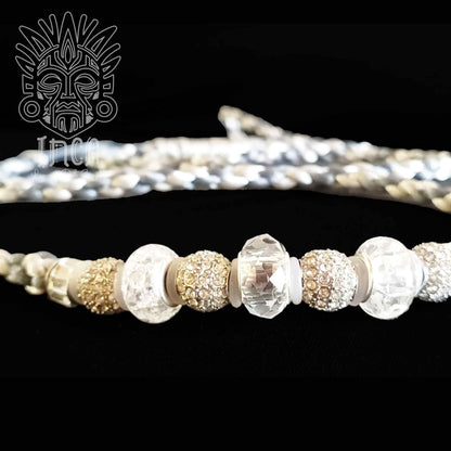 Guinzaglio da Show INCA LUXURY - In Raso Azzurro Acciaio e Argento, con perle e asola per collare - 1 mt