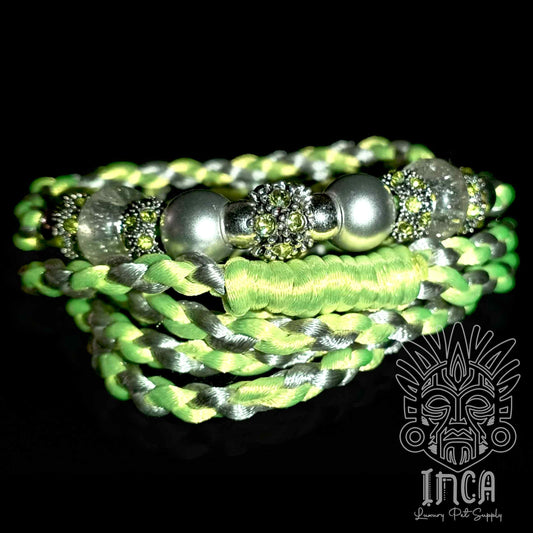 Guinzaglio da Show INCA LUXURY - In Raso Verde Neon e Argento, con perle e asola per collare - 140 cm