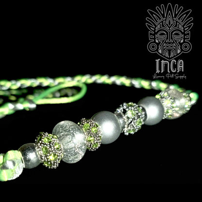 Guinzaglio da Show INCA LUXURY - In Raso Verde Neon e Argento, con perle e asola per collare - 140 cm