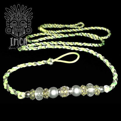 Guinzaglio da Show INCA LUXURY - In Raso Verde Neon e Argento, con perle e asola per collare - 140 cm
