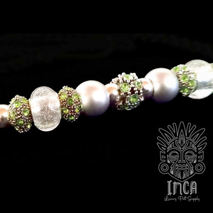 Guinzaglio da Show INCA LUXURY - In Raso Verde Neon e Argento, con perle e asola per collare - 140 cm