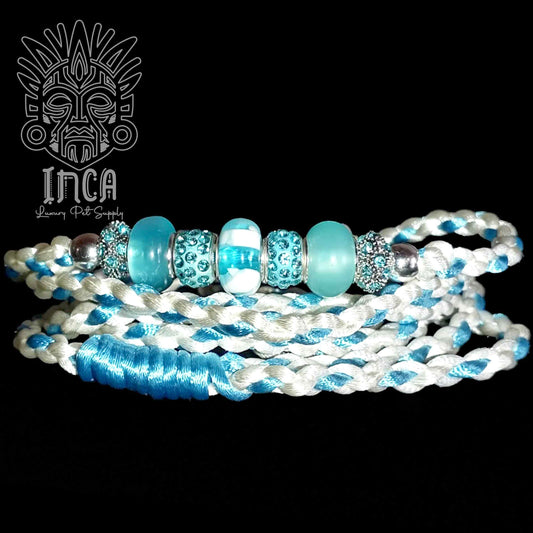 Guinzaglio da Show INCA LUXURY - In Raso Bianco e Azzurro, con perle e asola per collare - 135 cm