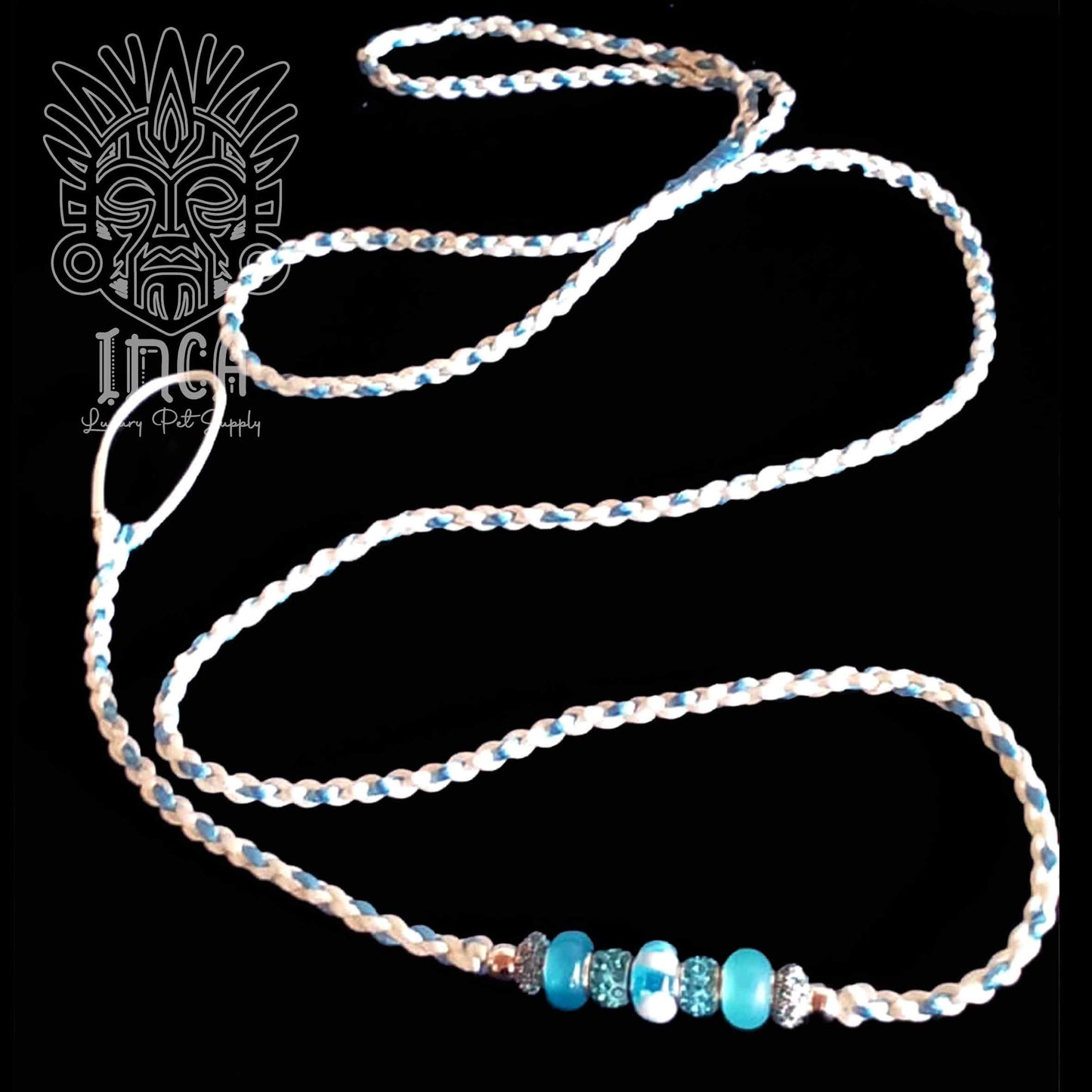 Guinzaglio da Show INCA LUXURY - In Raso Bianco e Azzurro, con perle e asola per collare - 135 cm