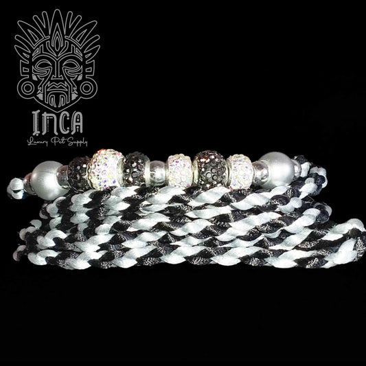 Guinzaglio da Show INCA LUXURY - In Raso Nero e Argento, con perle e asola per collare - 130 cm