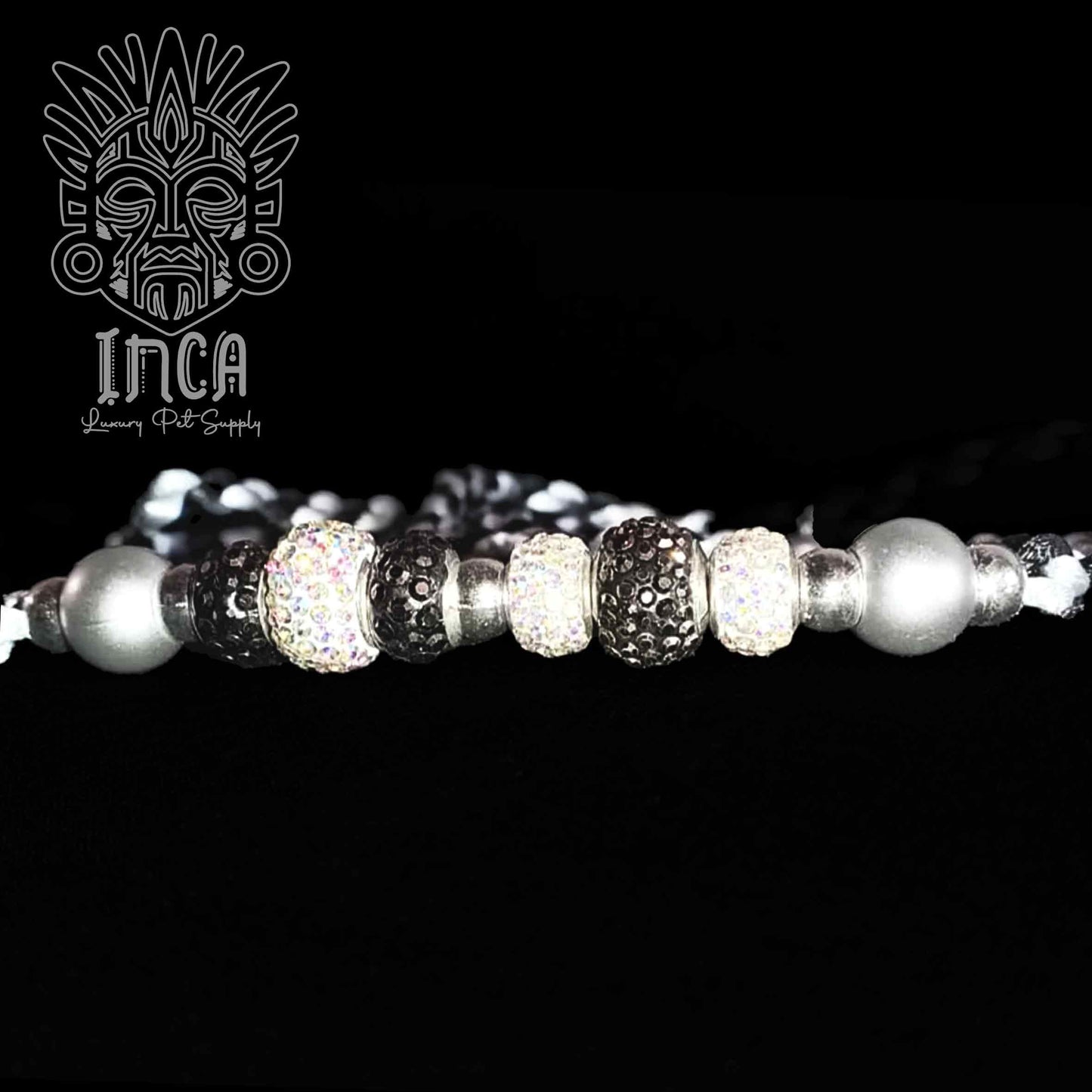 Guinzaglio da Show INCA LUXURY - In Raso Nero e Argento, con perle e asola per collare - 130 cm