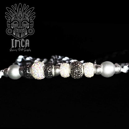 Guinzaglio da Show INCA LUXURY - In Raso Nero e Argento, con perle e asola per collare - 130 cm