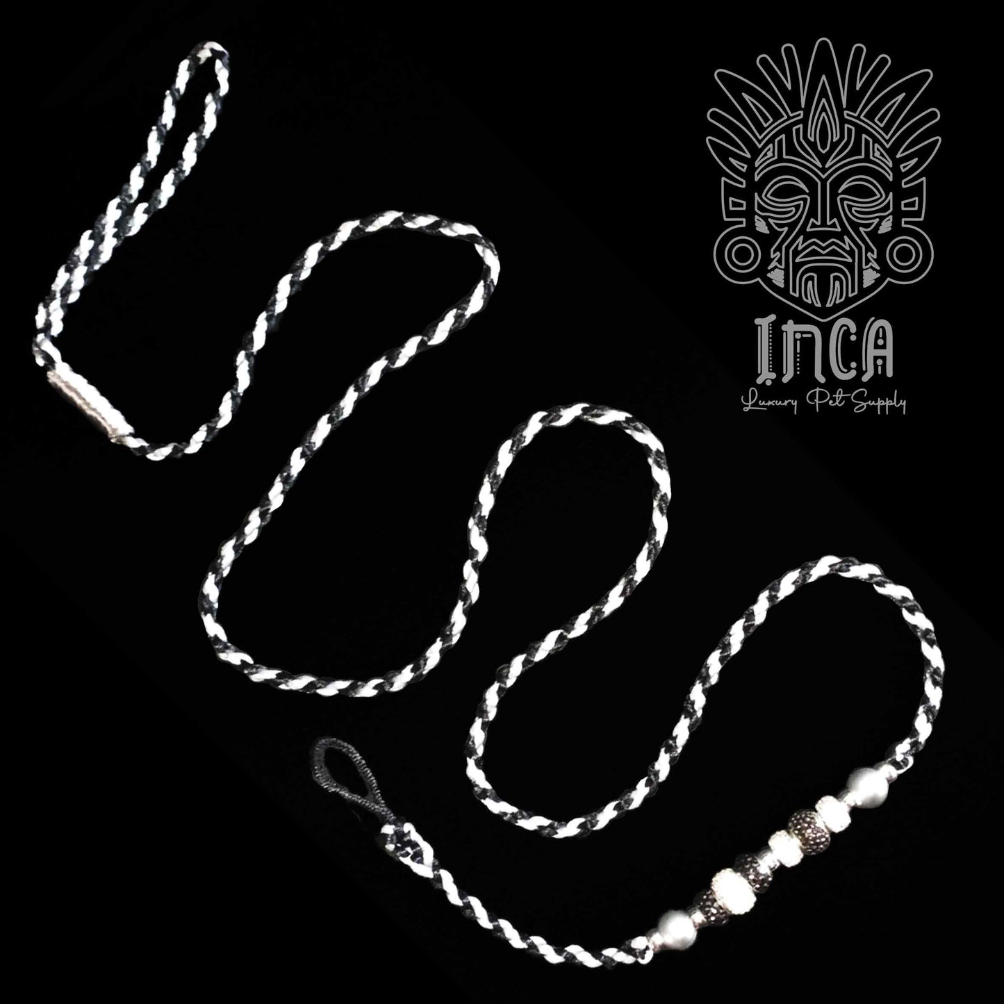Guinzaglio da Show INCA LUXURY - In Raso Nero e Argento, con perle e asola per collare - 130 cm