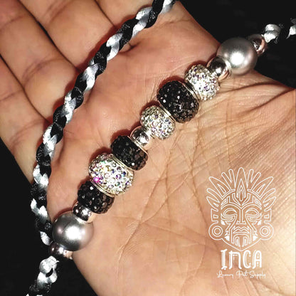 Guinzaglio da Show INCA LUXURY - In Raso Nero e Argento, con perle e asola per collare - 130 cm