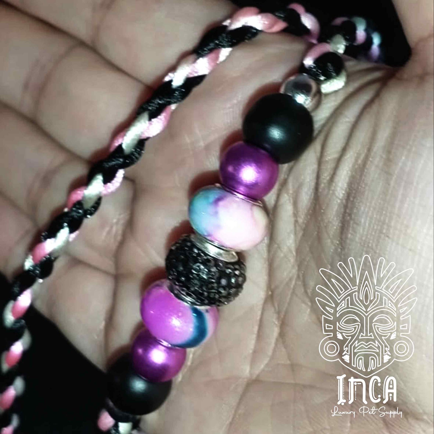 Guinzaglio da Show INCA LUXURY - Modello BLACK UNICORN, con perle e asola per collare - 160 cm