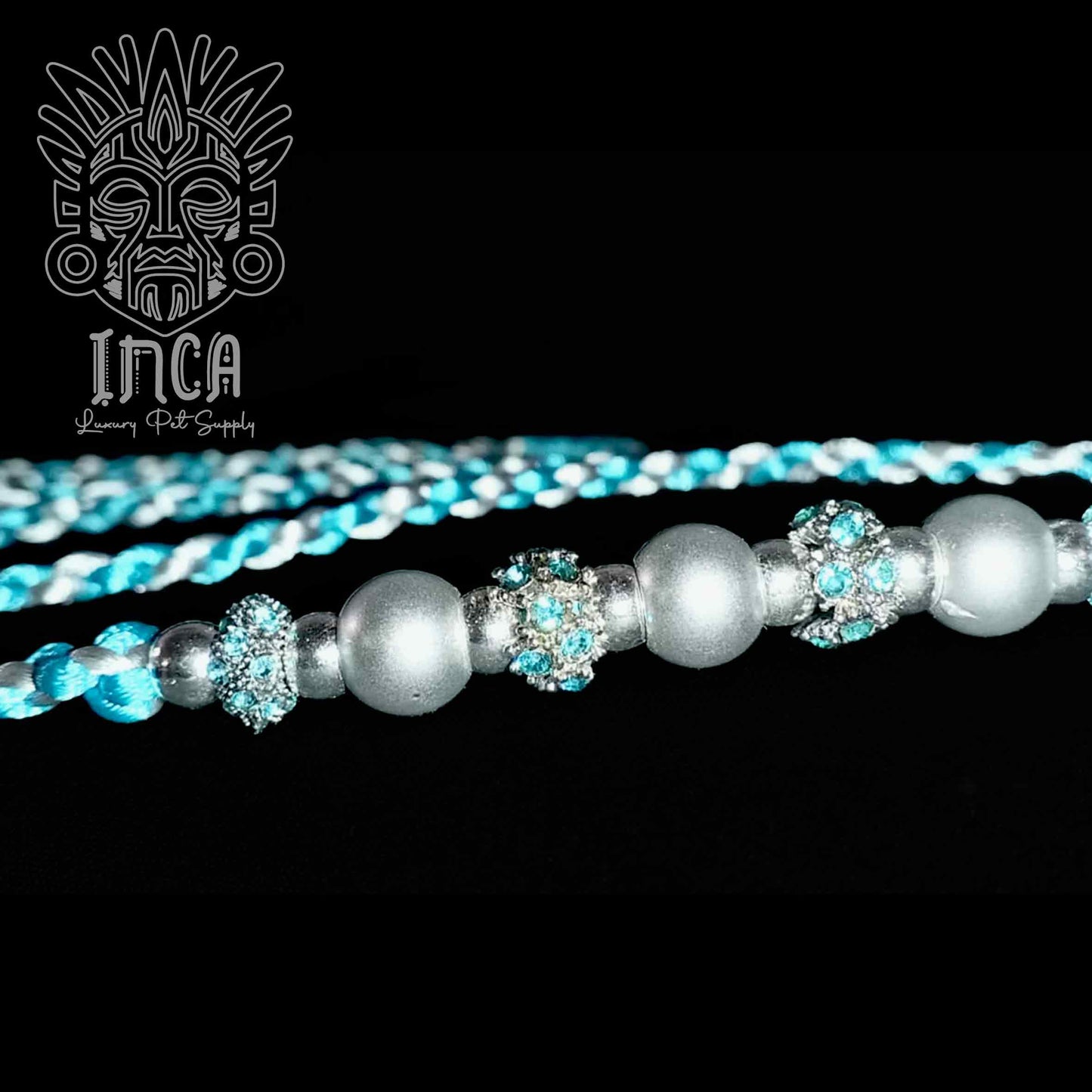 Guinzaglio da Show INCA LUXURY - In Raso Celeste e Argento, con perle e asola per collare - 150 cm
