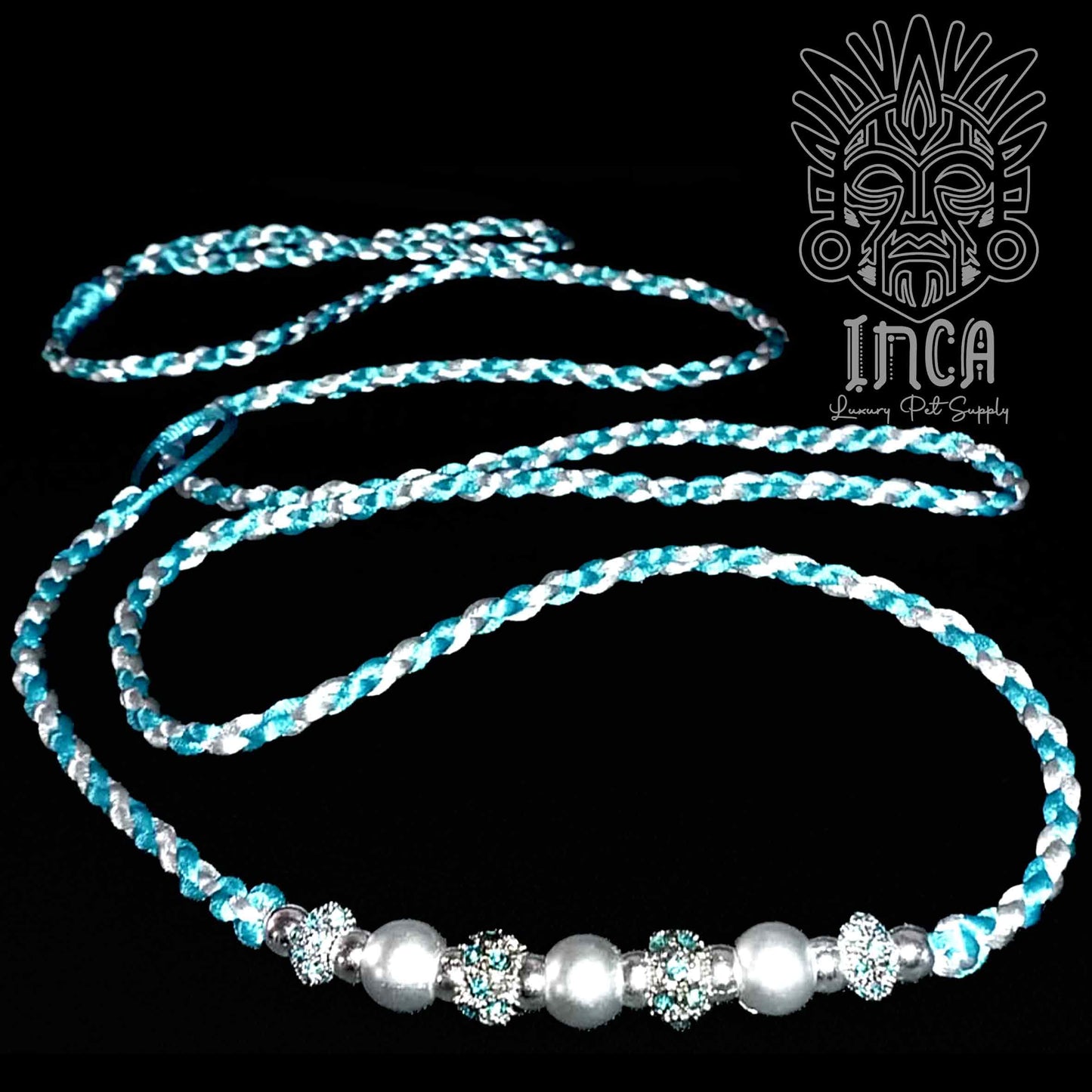 Guinzaglio da Show INCA LUXURY - In Raso Celeste e Argento, con perle e asola per collare - 150 cm