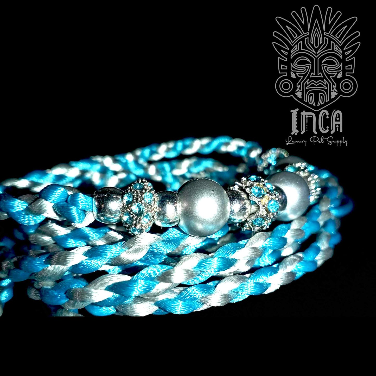 Guinzaglio da Show INCA LUXURY - In Raso Celeste e Argento, con perle e asola per collare - 150 cm