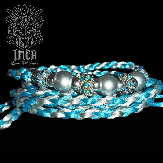 Guinzaglio da Show INCA LUXURY - In Raso Celeste e Argento, con perle e asola per collare - 150 cm