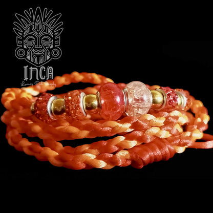 Guinzaglio da Show INCA LUXURY - In Raso Arancio Neon e Rosso, con perle e asola per collare - 130 cm
