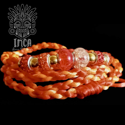 Guinzaglio da Show INCA LUXURY - In Raso Arancio Neon e Rosso, con perle e asola per collare - 130 cm