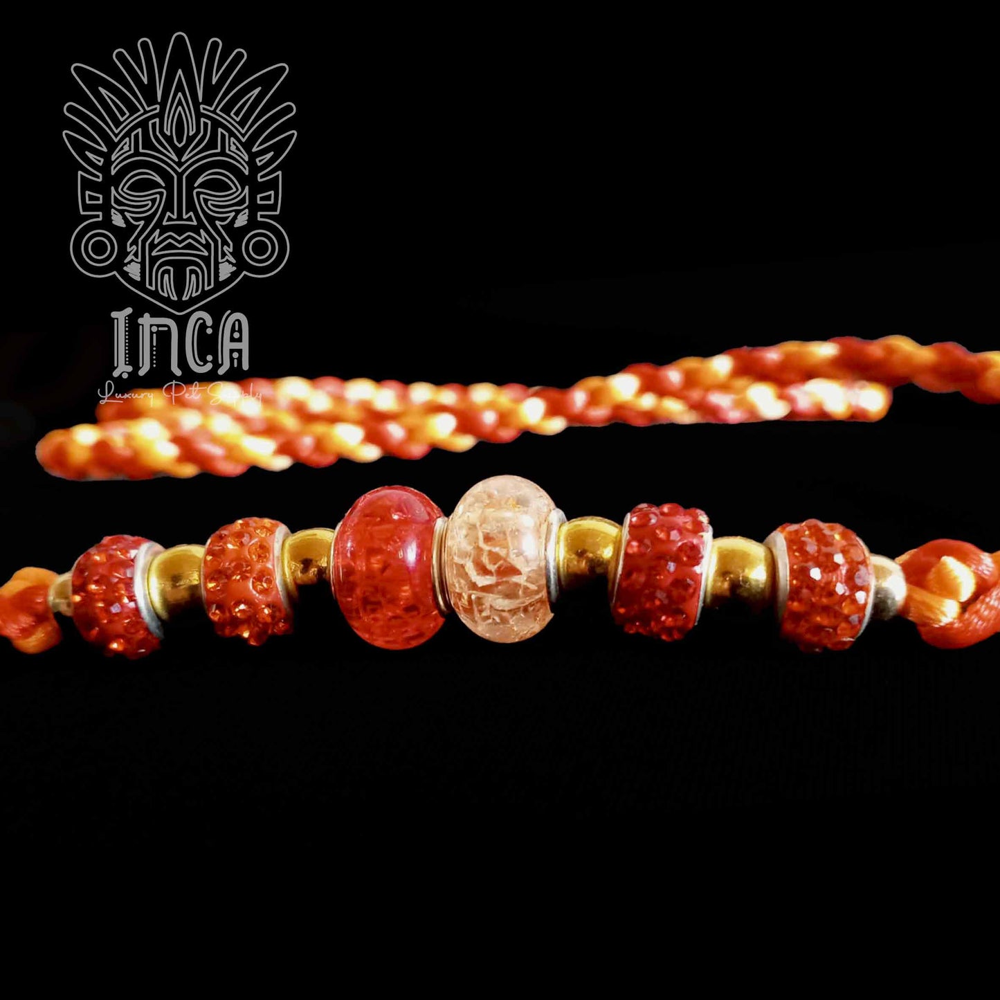 Guinzaglio da Show INCA LUXURY - In Raso Arancio Neon e Rosso, con perle e asola per collare - 130 cm
