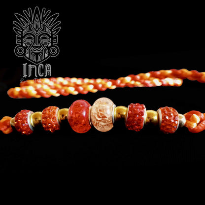 Guinzaglio da Show INCA LUXURY - In Raso Arancio Neon e Rosso, con perle e asola per collare - 130 cm