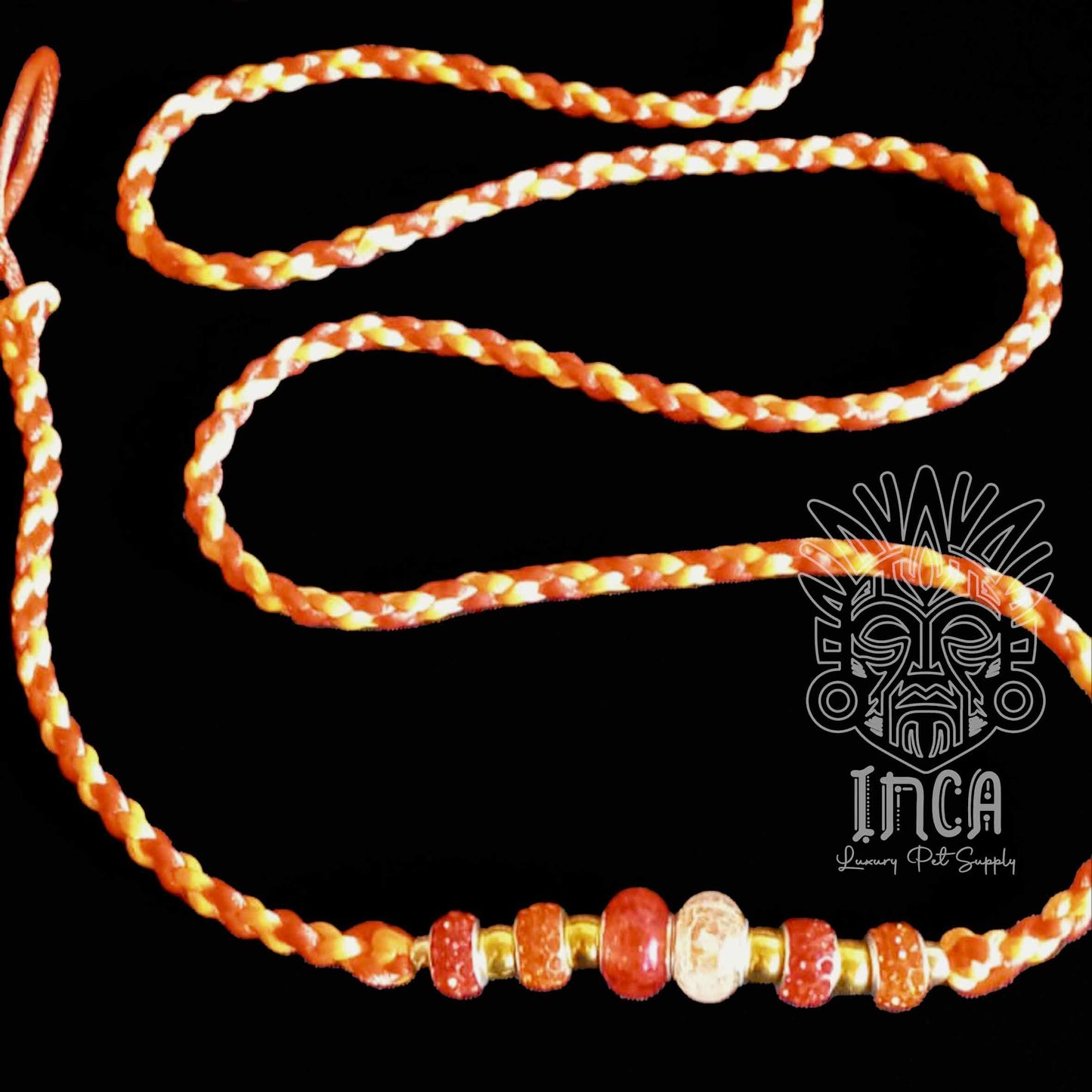 Guinzaglio da Show INCA LUXURY - In Raso Arancio Neon e Rosso, con perle e asola per collare - 130 cm