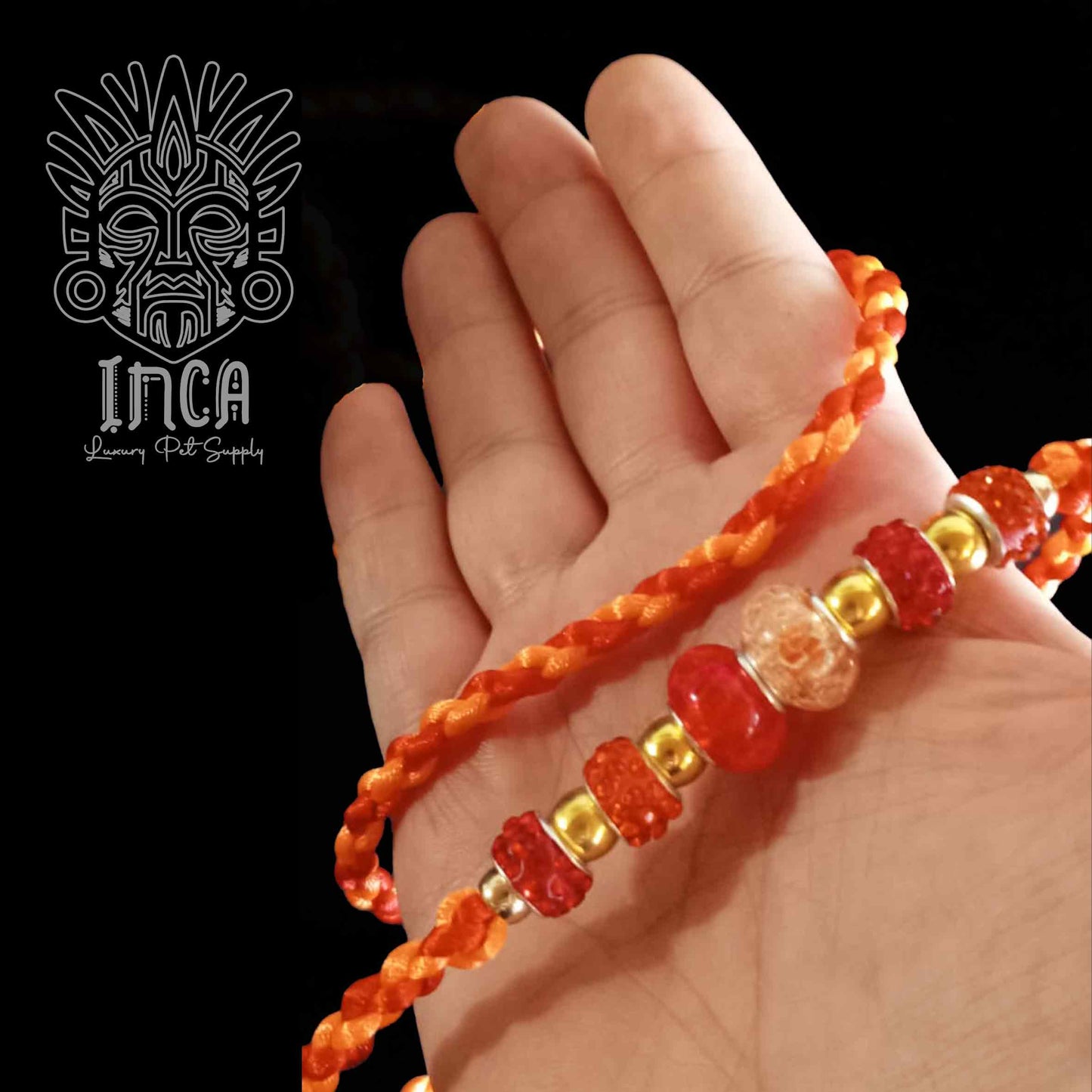 Guinzaglio da Show INCA LUXURY - In Raso Arancio Neon e Rosso, con perle e asola per collare - 130 cm