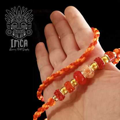 Guinzaglio da Show INCA LUXURY - In Raso Arancio Neon e Rosso, con perle e asola per collare - 130 cm